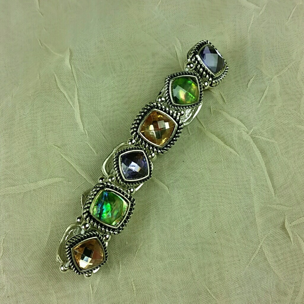 Bracelet Silver tone .5" wide Purple, AbaloneSilver Tone Abalone Look Stretch